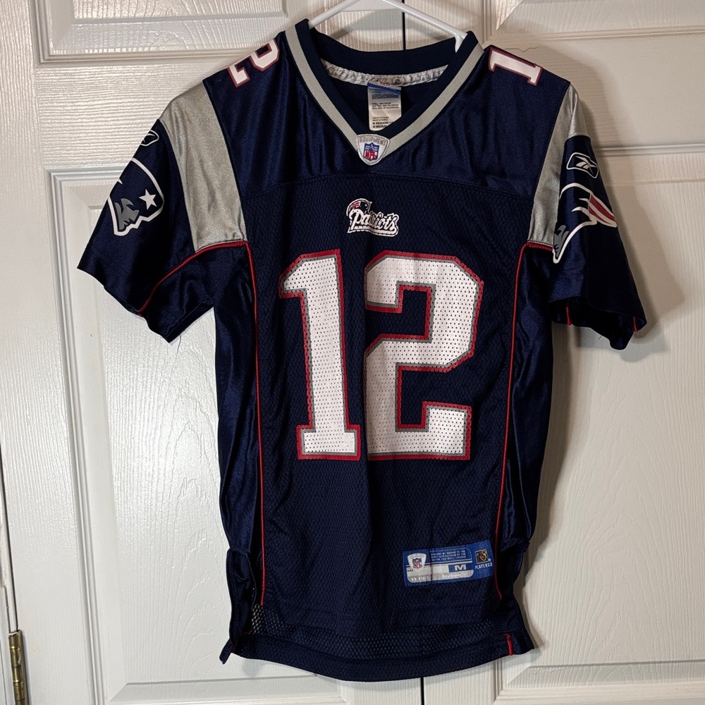Patricts NFL Reebok Navy and White Football Jersey VGC Sz M(10-12) Brady